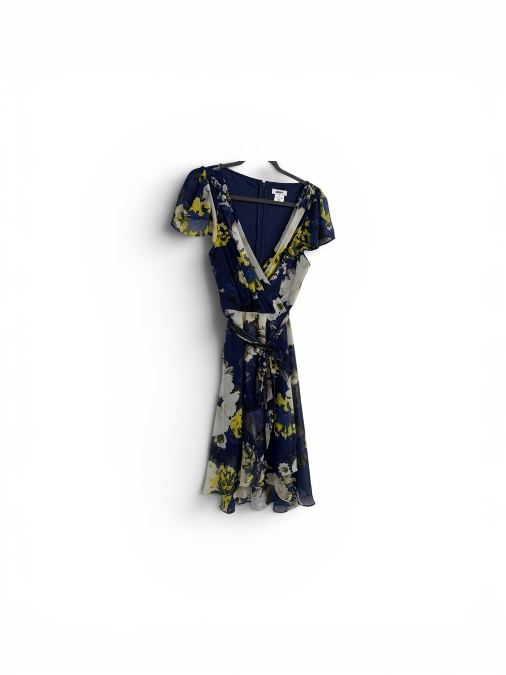 DKNY Navy Floral Wrap midi dress 12 BOHO cottagecore coquette old money Y2K - Picture 3 of 8